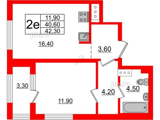 Квартира в ЖК 'Галактика', 1 комнатная, 42.6 м², 10 этаж