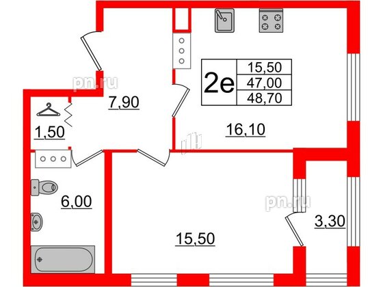 Квартира в ЖК 'Галактика', 1 комнатная, 48.5 м², 5 этаж