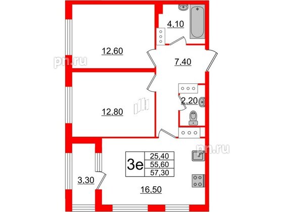 Квартира в ЖК 'Галактика', 2 комнатная, 57.2 м², 7 этаж