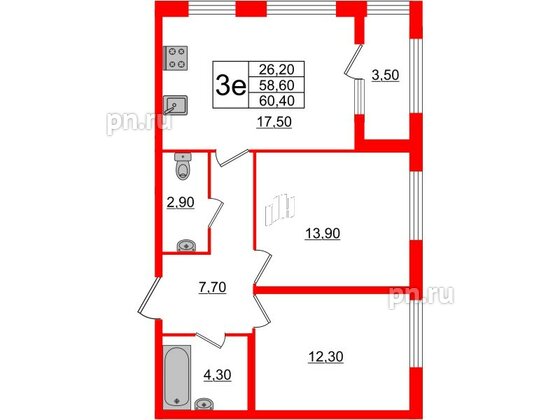 Квартира в ЖК 'Галактика', 2 комнатная, 60.4 м², 2 этаж