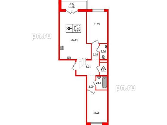 Квартира в ЖК «Новое Горелово», 2 комнатная, 62.22 м², 1 этаж