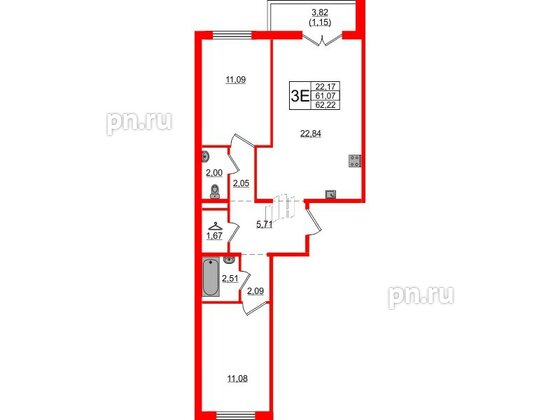 Квартира в ЖК «Новое Горелово», 2 комнатная, 62.22 м², 1 этаж