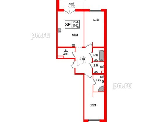 Квартира в ЖК «Новое Горелово», 2 комнатная, 61.16 м², 1 этаж