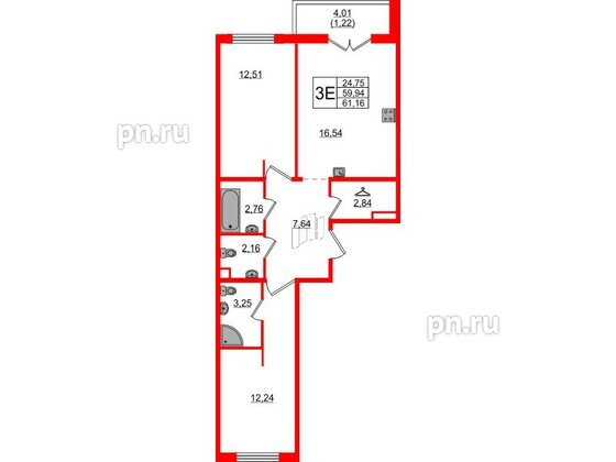 Квартира в ЖК «Новое Горелово», 2 комнатная, 61.16 м², 1 этаж