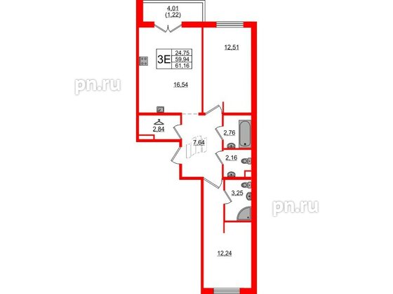 Квартира в ЖК «Новое Горелово», 2 комнатная, 61.16 м², 1 этаж