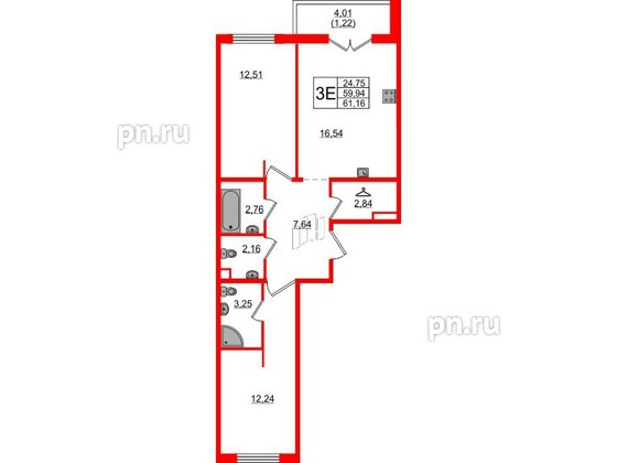 Квартира в ЖК «Новое Горелово», 2 комнатная, 61.16 м², 1 этаж