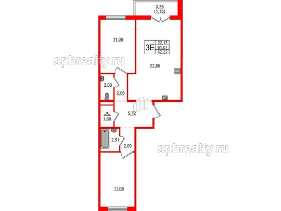 Квартира в ЖК «Новое Горелово», 2 комнатная, 62.22 м², 1 этаж