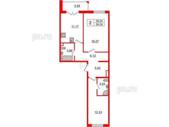 Квартира в ЖК «Новое Горелово», 2 комнатная, 59.26 м², 1 этаж