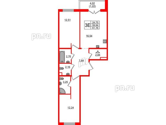 Квартира в ЖК «Новое Горелово», 2 комнатная, 61.16 м², 1 этаж