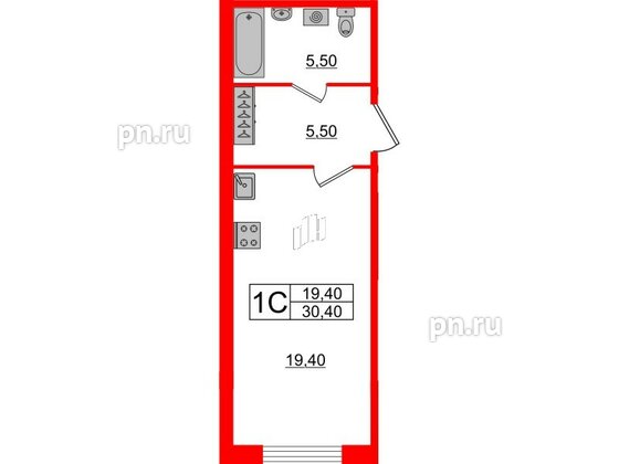 Квартира в ЖК Svetlana Park, студия, 30.4 м², 2 этаж