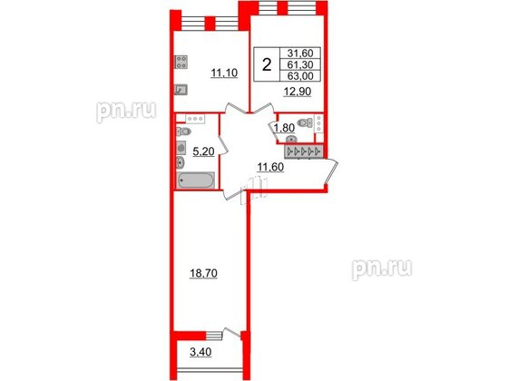 Квартира в ЖК Svetlana Park, 2 комнатная, 62 м², 3 этаж