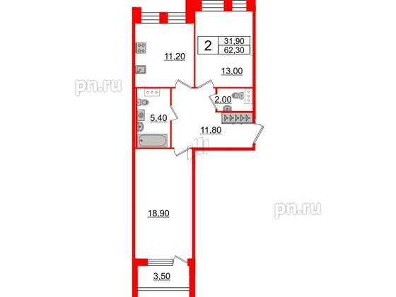 Квартира в ЖК Svetlana Park, 2 комнатная, 62.3 м², 4 этаж