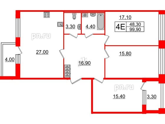 Квартира в ЖК Svetlana Park, 3 комнатная, 99.9 м², 2 этаж