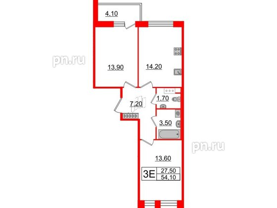 Квартира в ЖК Svetlana Park, 2 комнатная, 54.1 м², 10 этаж