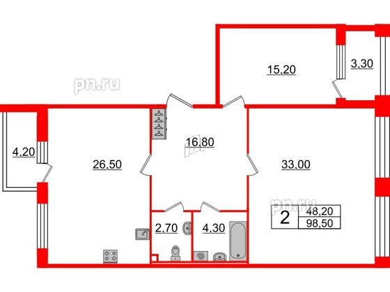 Квартира в ЖК Svetlana Park, 2 комнатная, 98.5 м², 2 этаж