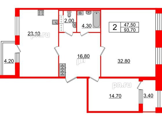 Квартира в ЖК Svetlana Park, 2 комнатная, 93.7 м², 5 этаж