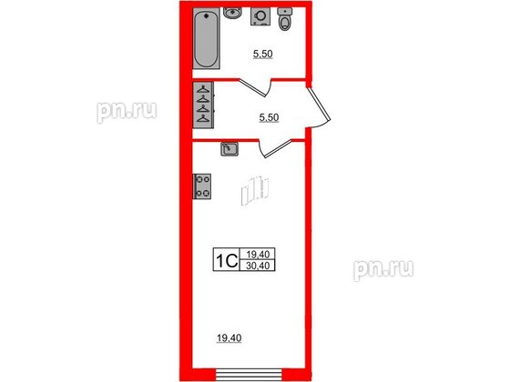 Квартира в ЖК Svetlana Park, студия, 30.4 м², 2 этаж