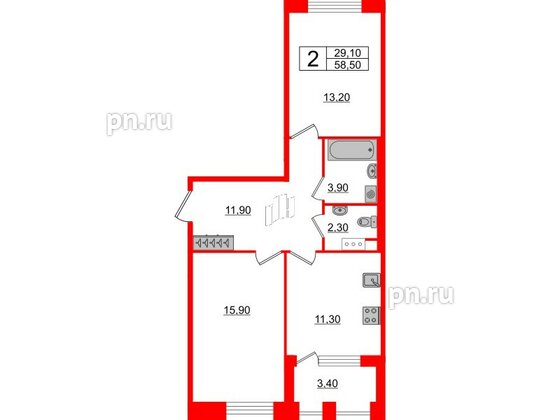 Квартира в ЖК Svetlana Park, 2 комнатная, 58.5 м², 3 этаж