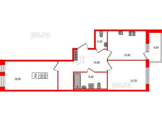 Квартира в ЖК Svetlana Park, 2 комнатная, 67.6 м², 2 этаж