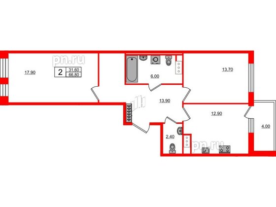 Квартира в ЖК Svetlana Park, 2 комнатная, 66.8 м², 3 этаж