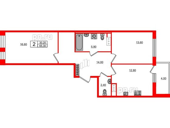 Квартира в ЖК Svetlana Park, 2 комнатная, 65.3 м², 10 этаж