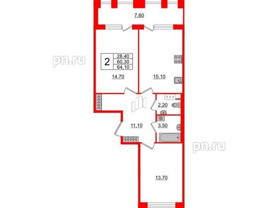 Квартира в ЖК Svetlana Park, 2 комнатная, 60.3 м², 3 этаж