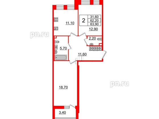 Квартира в ЖК Svetlana Park, 2 комнатная, 62.5 м², 2 этаж