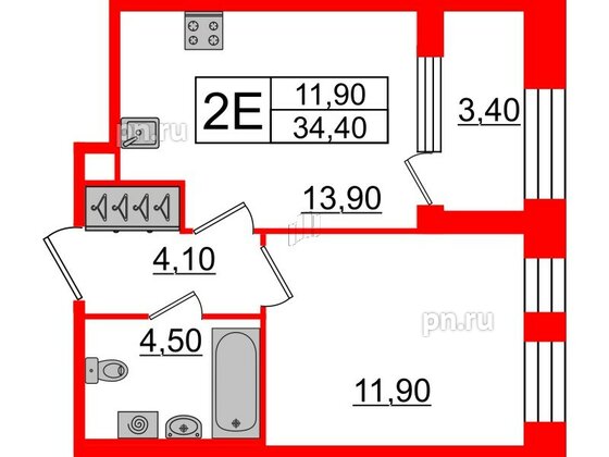 Квартира в ЖК Svetlana Park, 1 комнатная, 34.4 м², 2 этаж