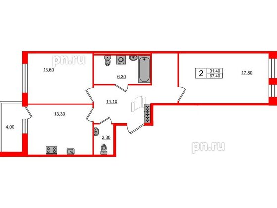 Квартира в ЖК Svetlana Park, 2 комнатная, 67.4 м², 2 этаж