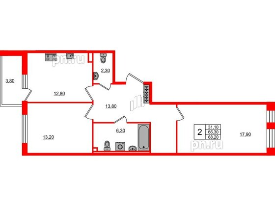 Квартира в ЖК Svetlana Park, 2 комнатная, 67.1 м², 2 этаж