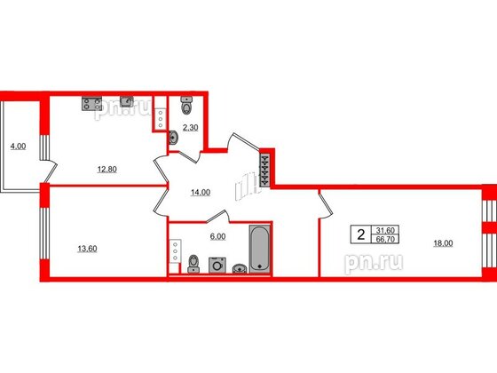 Квартира в ЖК Svetlana Park, 2 комнатная, 66.7 м², 3 этаж