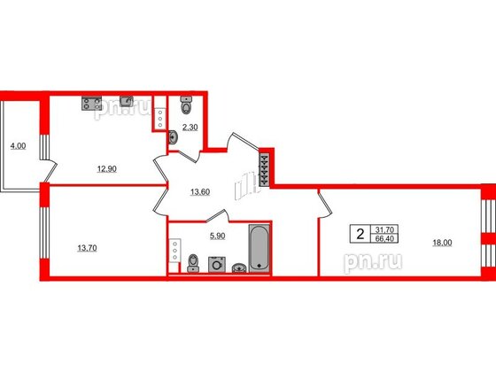 Квартира в ЖК Svetlana Park, 2 комнатная, 66.4 м², 4 этаж