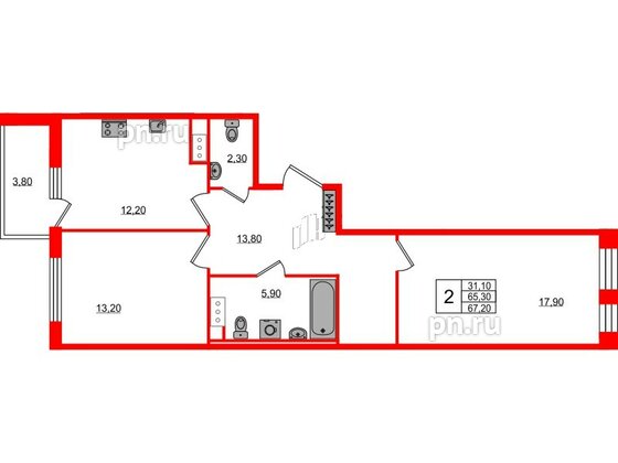 Квартира в ЖК Svetlana Park, 2 комнатная, 66.5 м², 5 этаж