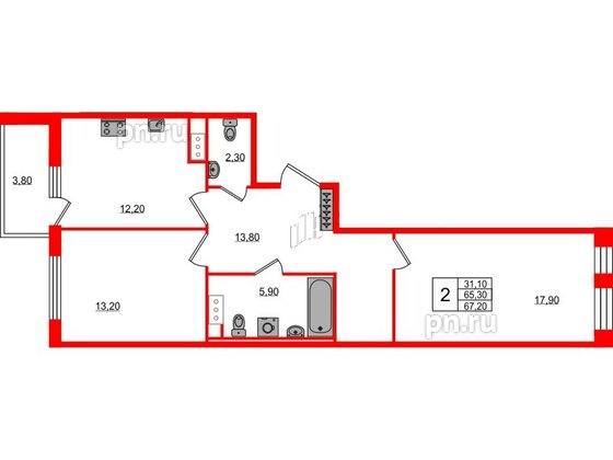 Квартира в ЖК Svetlana Park, 2 комнатная, 66.6 м², 6 этаж