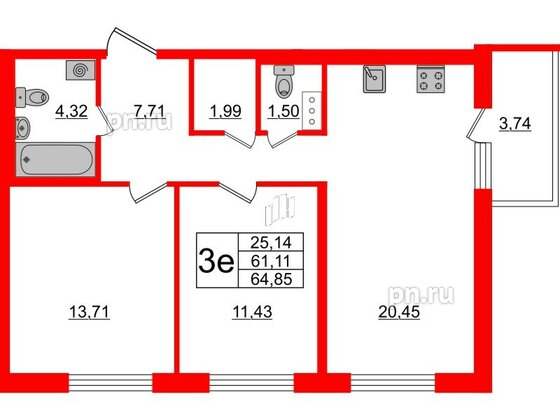 Квартира в ЖК ЦДС Новые горизонты, 2 комнатная, 60.5 м², 9 этаж