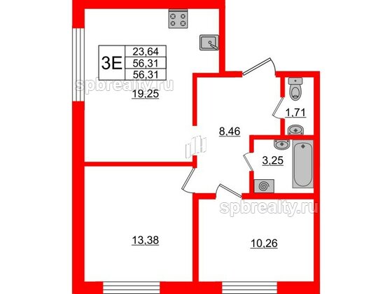 Квартира в ЖК ЦДС Новые горизонты, 2 комнатная, 55.4 м², 2 этаж