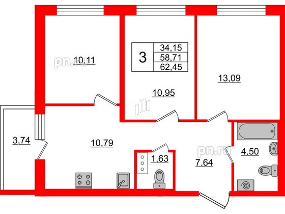 Квартира в ЖК ЦДС Новые горизонты, 3 комнатная, 58.2 м², 11 этаж