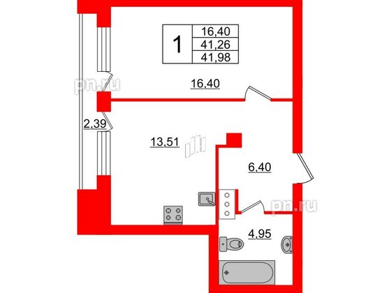 Квартира в ЖК ID Московский, 1 комнатная, 41.98 м², 3 этаж