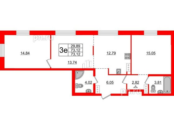 Квартира в ЖК ID Московский, 2 комнатная, 73.12 м², 7 этаж