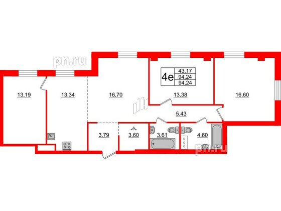 Квартира в ЖК ID Московский, 3 комнатная, 94.24 м², 2 этаж