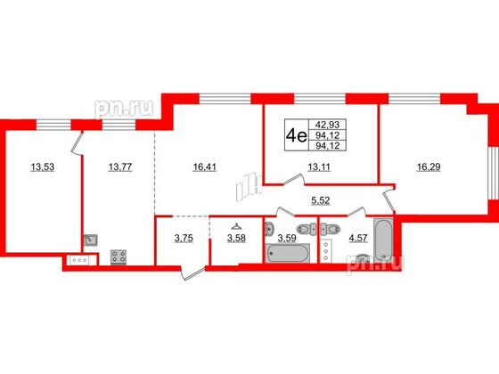 Квартира в ЖК ID Московский, 3 комнатная, 94.12 м², 3 этаж