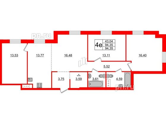 Квартира в ЖК ID Московский, 3 комнатная, 94.35 м², 7 этаж