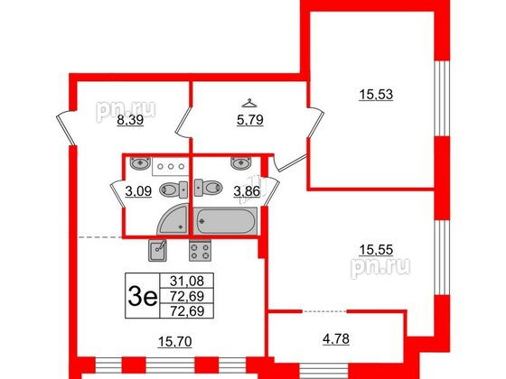 Квартира в ЖК ID Московский, 2 комнатная, 72.69 м², 8 этаж