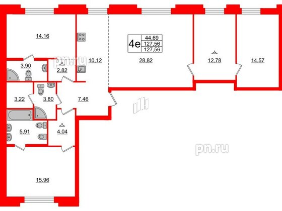 Квартира в ЖК ID Московский, 3 комнатная, 127.56 м², 2 этаж