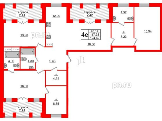 Квартира в ЖК ID Московский, 3 комнатная, 124.62 м², 9 этаж