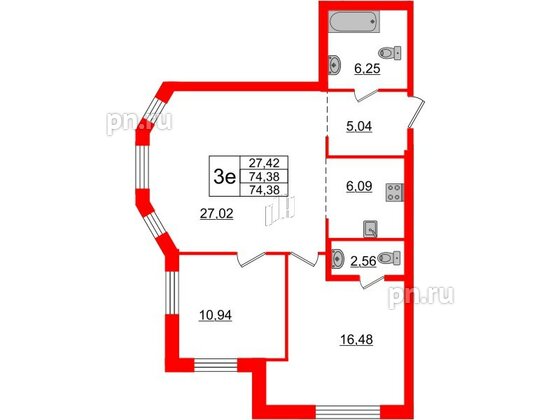 Квартира в ЖК ID Московский, 2 комнатная, 74.38 м², 3 этаж