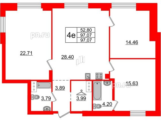 Квартира в ЖК ID Московский, 3 комнатная, 97.07 м², 7 этаж