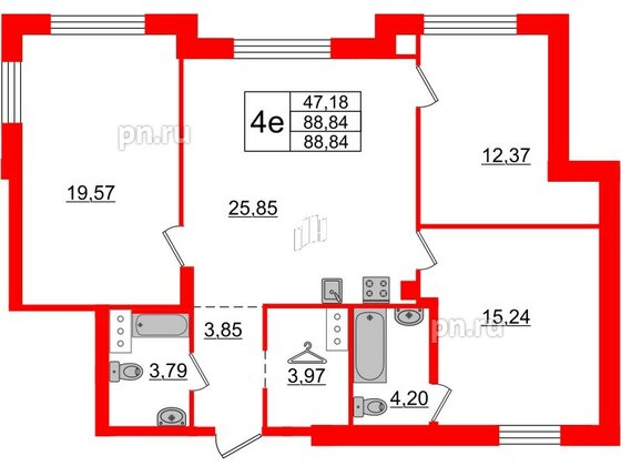 Квартира в ЖК ID Московский, 3 комнатная, 88.84 м², 9 этаж