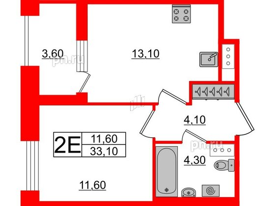 Квартира в ЖК Svetlana Park, 1 комнатная, 33.1 м², 6 этаж