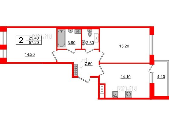 Квартира в ЖК Svetlana Park, 2 комнатная, 57.2 м², 9 этаж